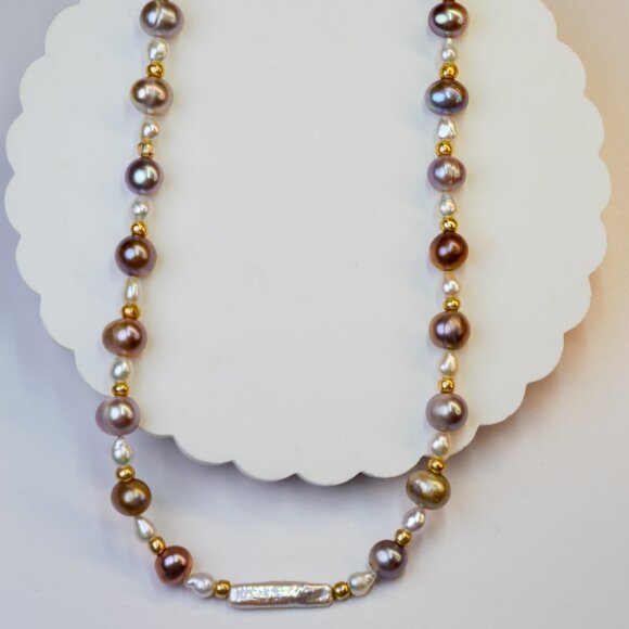 Natural Metallic Purple Pearl Necklace 19" Gold Plated - Picture 3 of 7